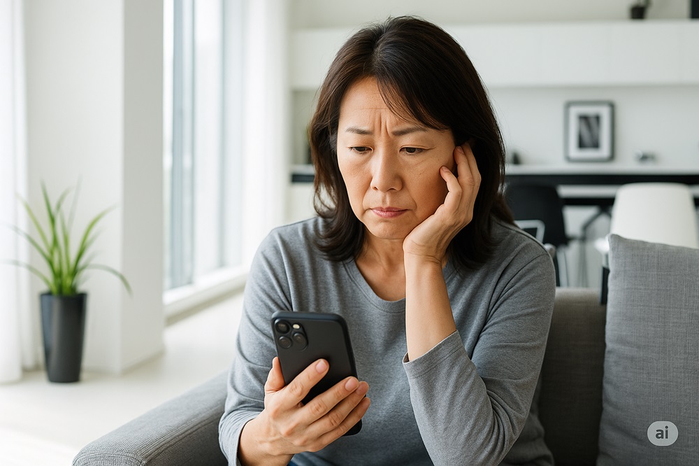 スマートフォンを見ながら思案する50代の女性。デジタル社会における孤独やつながりについて考えている様子。