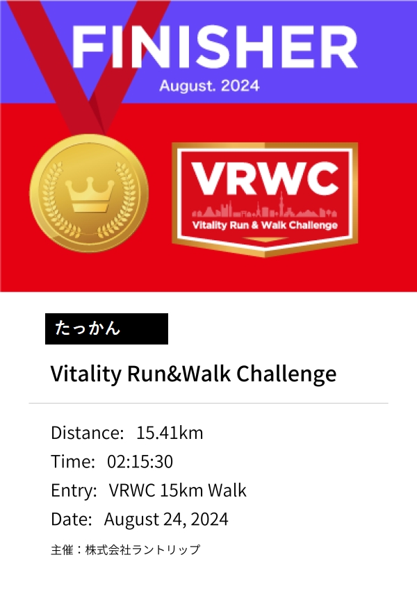 たっかんが2024年8月に参加したVitality Run & Walk Challengeで15.41kmを完歩した完走証。夏の日差しの中で挑戦した成果を示す証明書。