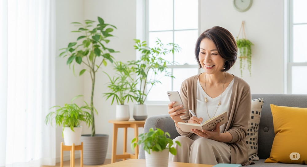 明るい室内でスマートフォンを見ながらノートにメモを取る50代の女性。小さな挑戦を前向きに楽しむ日常のひとコマを表現している。