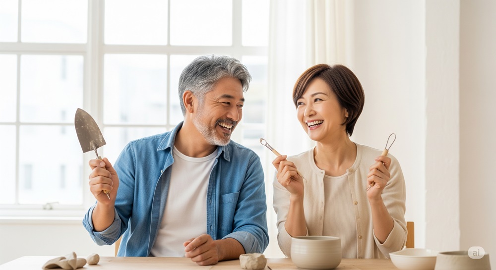 50代の男女が楽しそうに陶芸に挑戦している様子。笑顔と充実感にあふれ、人生を豊かにする“挑戦”の素晴らしさを感じさせる。