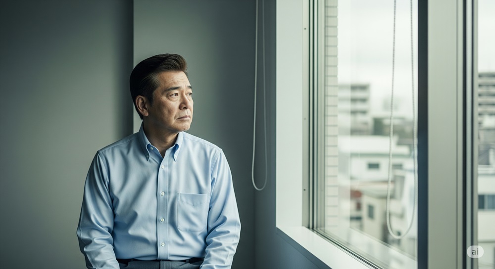 窓辺に座って遠くを見つめる50代の男性。どこか物思いにふける表情から、自己成長や人生の停滞について考えている様子がうかがえる。