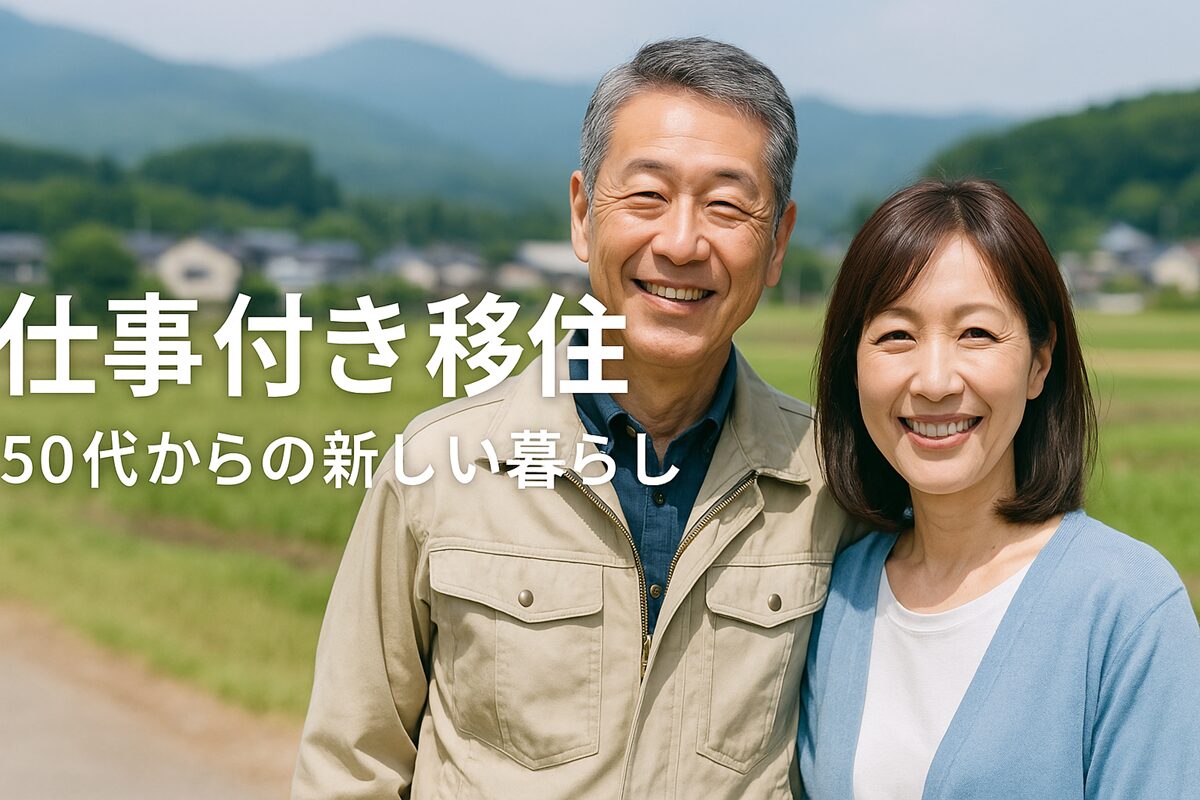 50代の男女が自然豊かな場所で微笑む様子。仕事付き移住による安心感ある新生活のイメージ