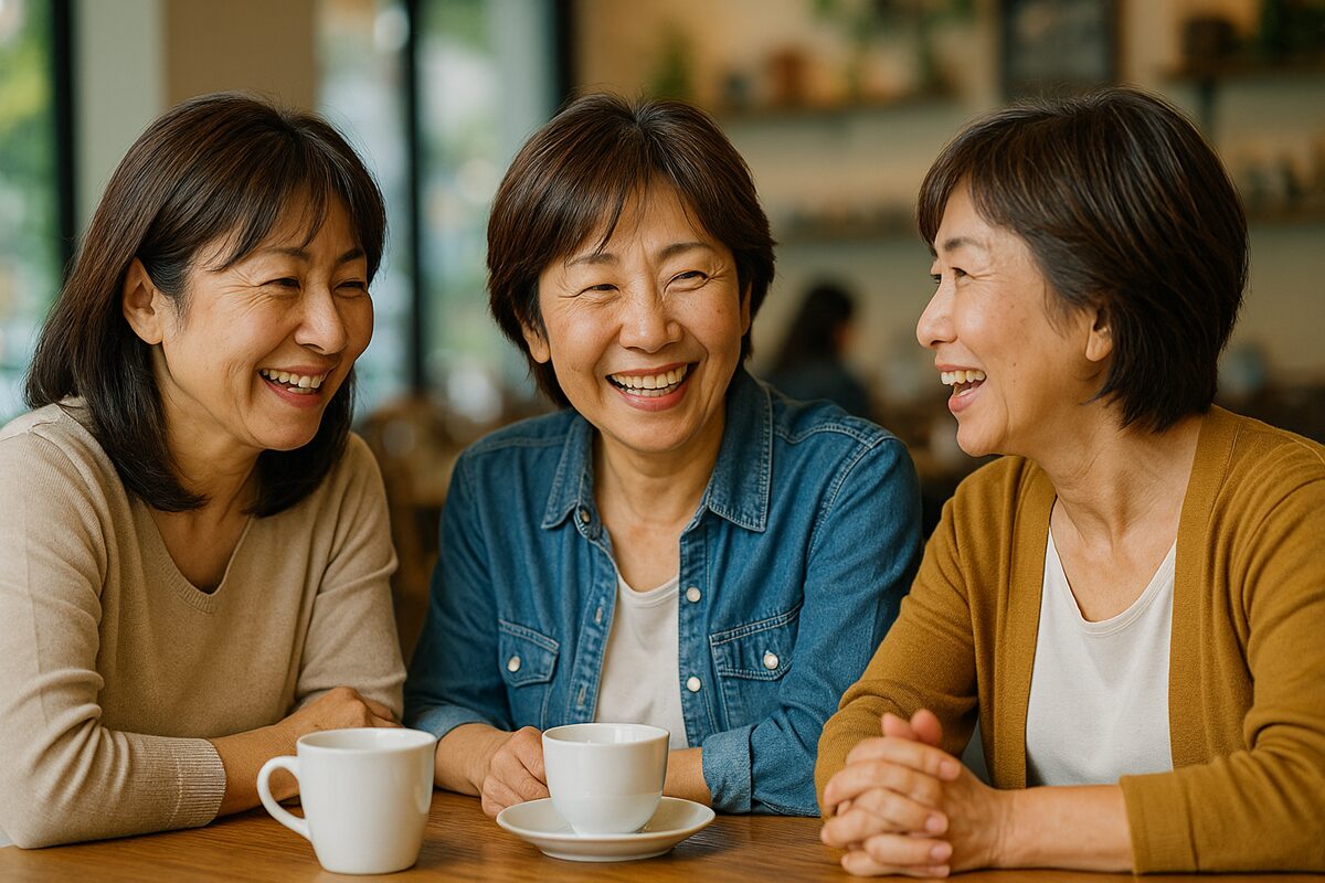 カフェで笑顔で談笑する3人の50代日本人女性。親しみやすさと温かいつながりを感じさせるシーン