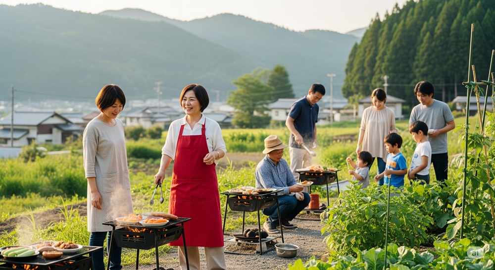 日本の田舎で地元住民と移住者がバーベキューを楽しんでいる様子。自然に囲まれた農園で笑顔あふれる交流が行われている。