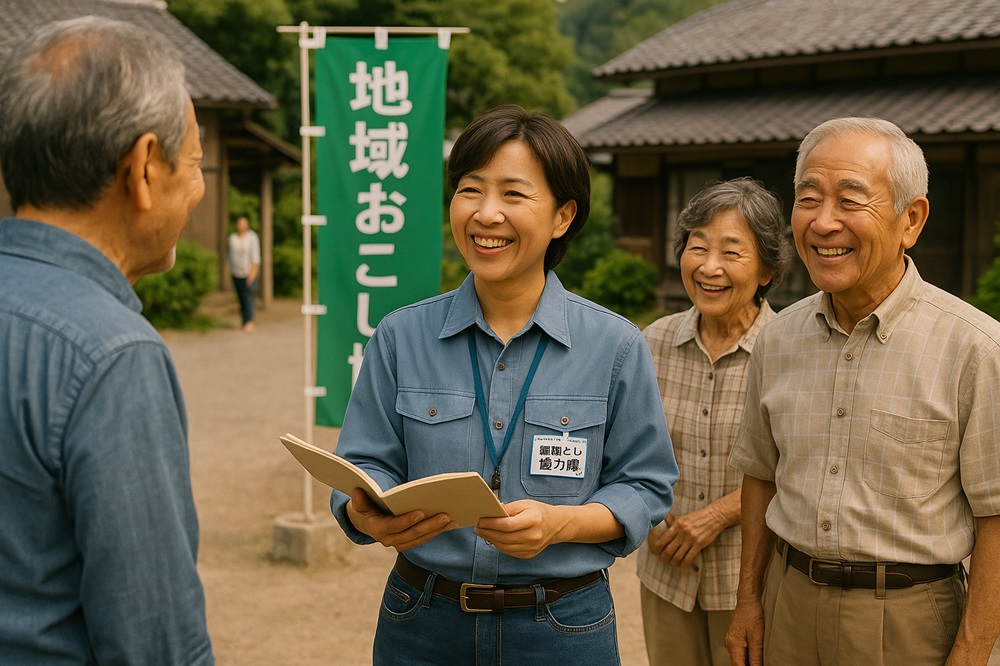 『地域おこし協力隊』の女性隊員が、地方の集落で高齢の住民たちと笑顔で会話している様子。ノートを手に、温かな交流の雰囲気が広がる農村風景。