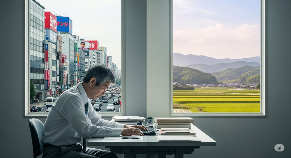 都市のビル群と田園風景が左右に分かれた窓の外を背景に、真剣な表情で書類と向き合う50代の男性。都会の喧騒と地方の静けさの間で、移住を真剣に考えている様子を象徴的に描いた構図。