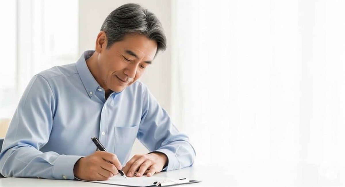 50代の日本人男性が前向きな表情で履歴書を書いており、「Community contribution (地域貢献)」や「Want to grow (成長したい)」といった志望動機が印象的に書かれている様子を表しています。これは、希望と丁寧さが伝わるシーンです。