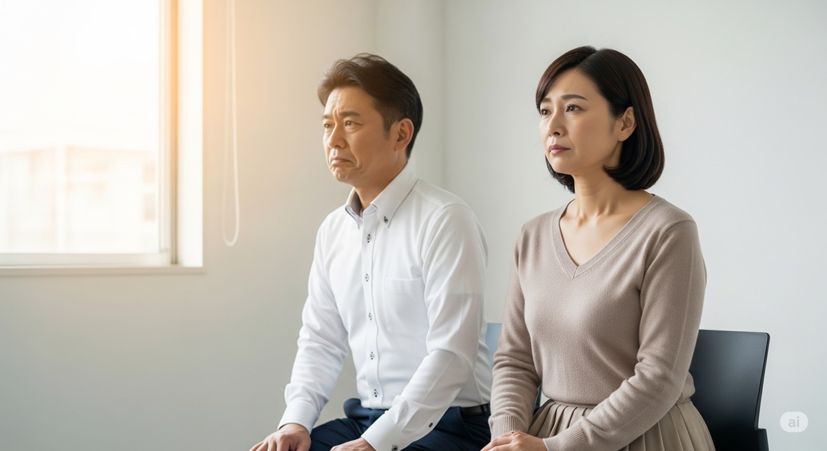 面接会場で緊張した表情を見せる50代の男女。光が差し込む部屋で、不安と希望が入り混じる様子が伝わる。