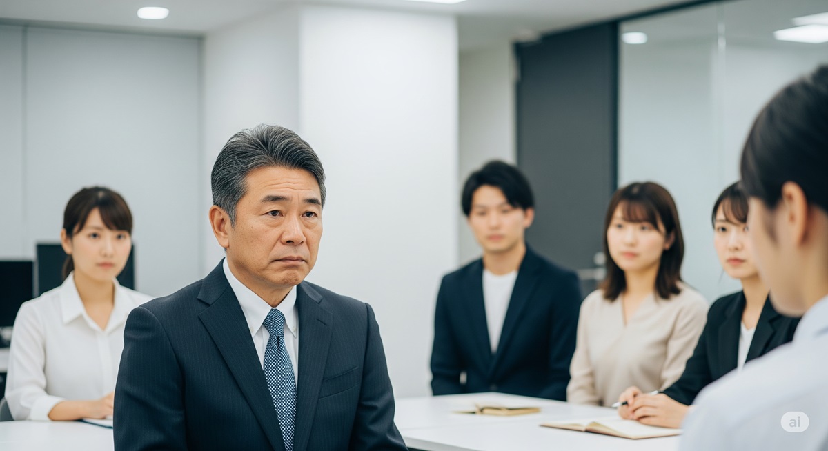 50代の日本人男性が面接で不安そうな表情を浮かべ、複数の若い面接官が心配そうに見つめている様子。年齢によるミスマッチや、採用における懸念が伝わる場面です。