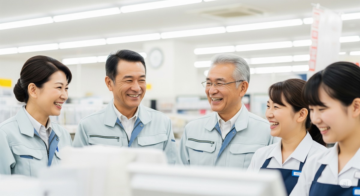 50代の日本人男女が、笑顔で若い同僚たちと一緒に働く姿を捉えています。職場で協調性と真面目さ、そして世代を超えた和やかなチームワークが伝わる様子を表しています。
