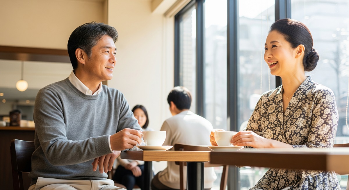 明るいカフェで向かい合い、笑顔で会話する50代の日本人男女。初対面でも自然に会話が弾む様子が伝わる、穏やかで安心感のある雰囲気