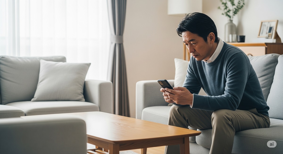 静かなリビングでスマートフォンを見つめる50代の日本人男性。落ち着いた雰囲気の中で、孤独を感じるような表情を浮かべている様子