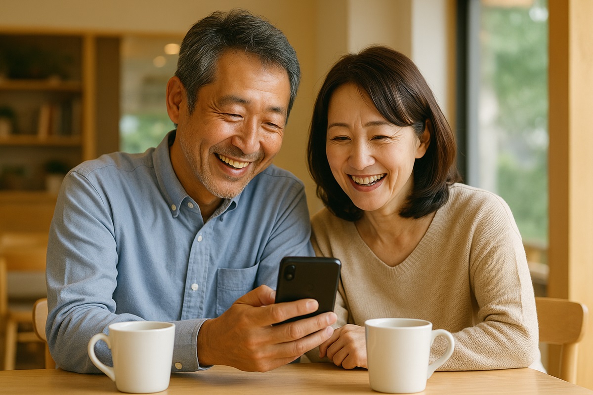 50代の日本人男女がカフェでスマートフォンを見ながら笑顔で会話している様子。親しみやすく穏やかな雰囲気で、マッチングアプリの利用シーンをイメージできる写真