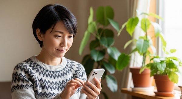 室内でスマートフォンを操作しながら、穏やかな表情でプロフィール作成に取り組む50代の日本人女性。観葉植物に囲まれた明るい雰囲気の空間