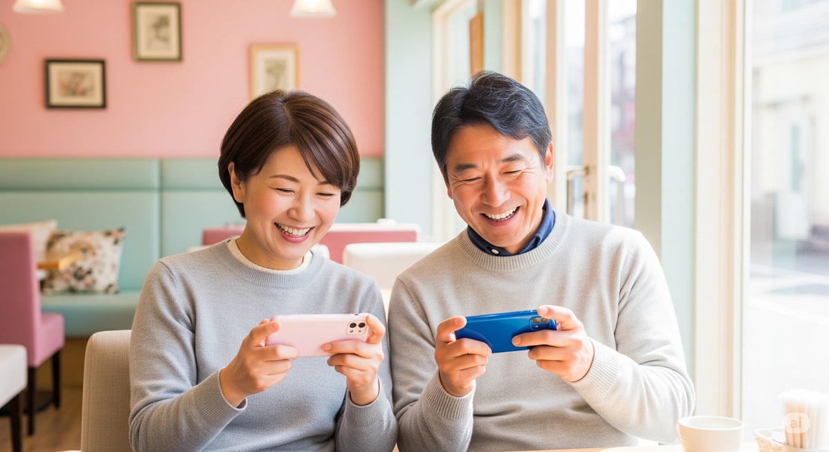 仲良くスマホゲームをプレイする50代夫婦。楽しく続けるコツを体現している場面