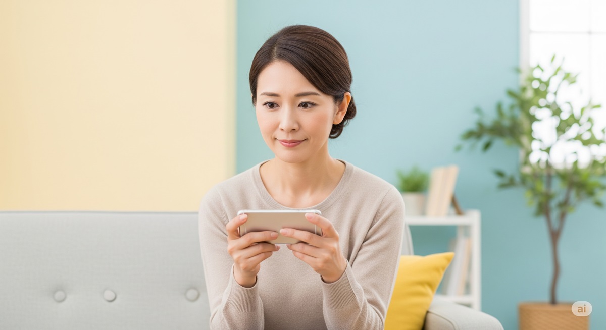 スマートフォンに夢中になる50代女性。ゲームを始める一歩を踏み出した印象のイメージカット