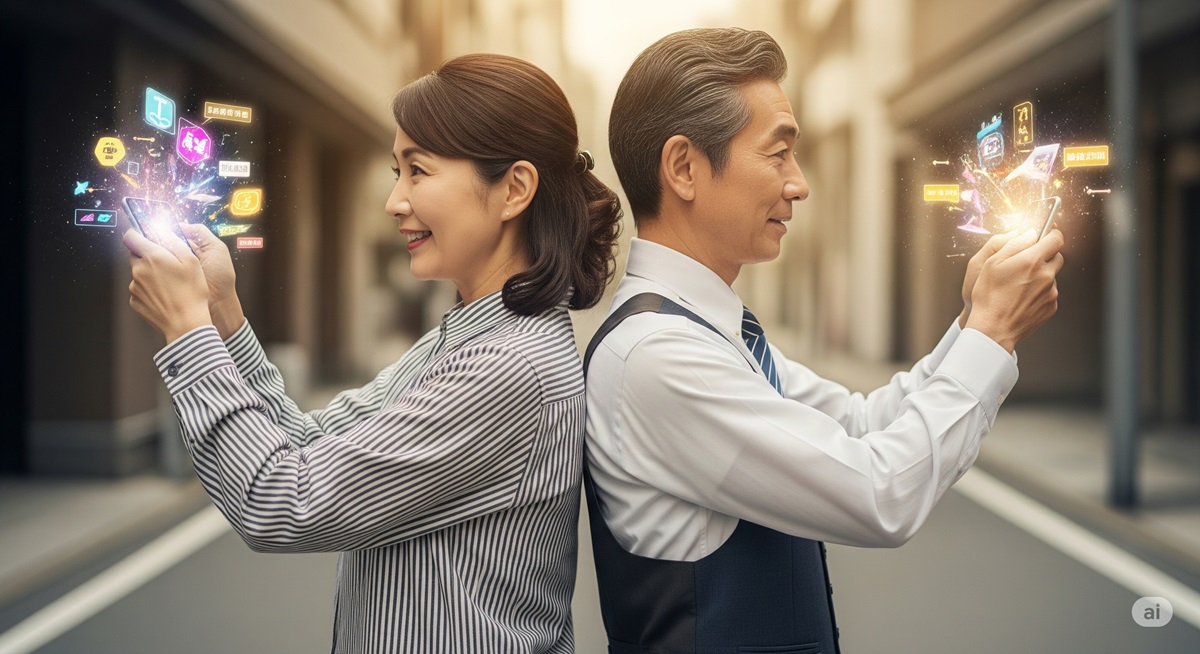 無料アプリをダウンロードしながら笑顔でスマホ画面を見る50代男女