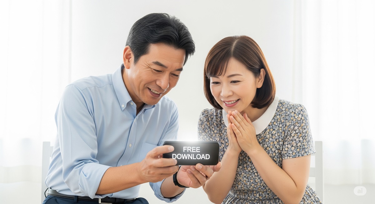 スマホゲームを楽しむ50代男女の笑顔。無料ダウンロードに安心している様子