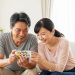 50代くらいの日本人の男女ペアが、明るいリビングのテーブルで向かい合って座り、一台のスマートフォンを二人で仲良く覗き込みながら、ディズニーツムツム風のゲームをプレイしている様子。二人は自然な笑顔を浮かべ、リラックスした雰囲気でゲームに夢中になっている。
