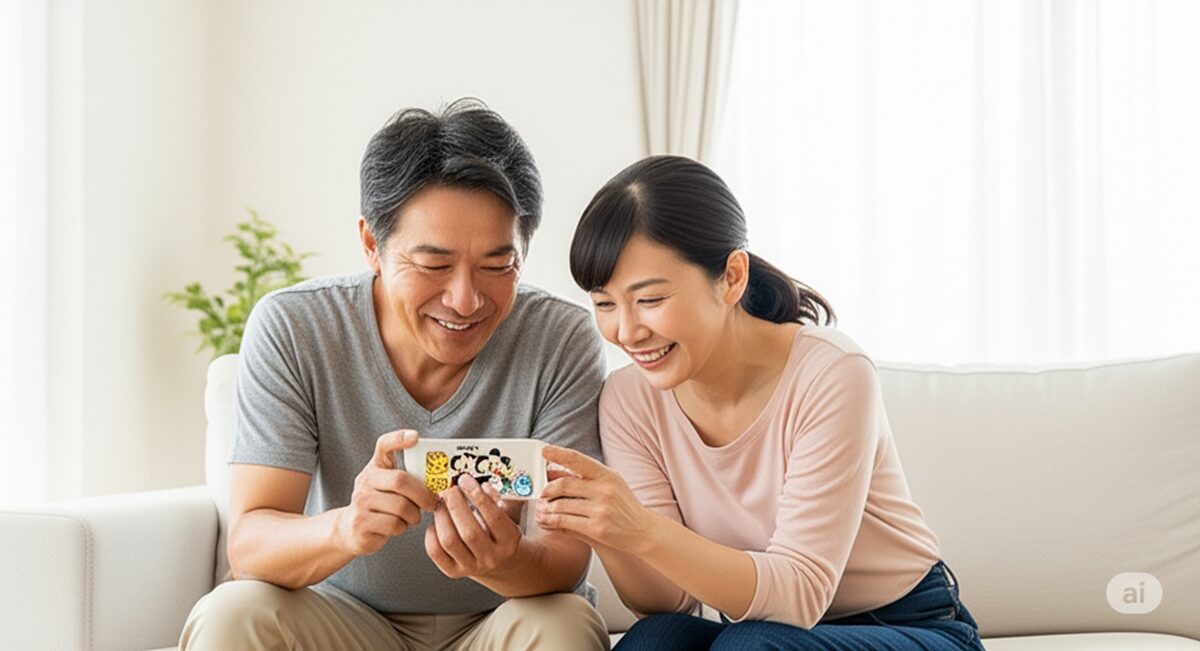 50代くらいの日本人の男女ペアが、明るいリビングのテーブルで向かい合って座り、一台のスマートフォンを二人で仲良く覗き込みながら、ディズニーツムツム風のゲームをプレイしている様子。二人は自然な笑顔を浮かべ、リラックスした雰囲気でゲームに夢中になっている。