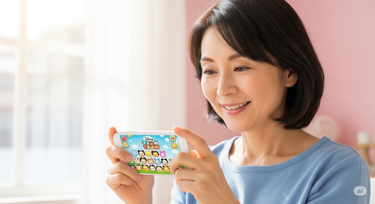 50代くらいの日本人女性が、明るいリビングでスマートフォンを手に、ディズニーツムツム風のゲームを笑顔でプレイしている様子。ゲームに集中している表情で、楽しんでいる様子が伝わる。