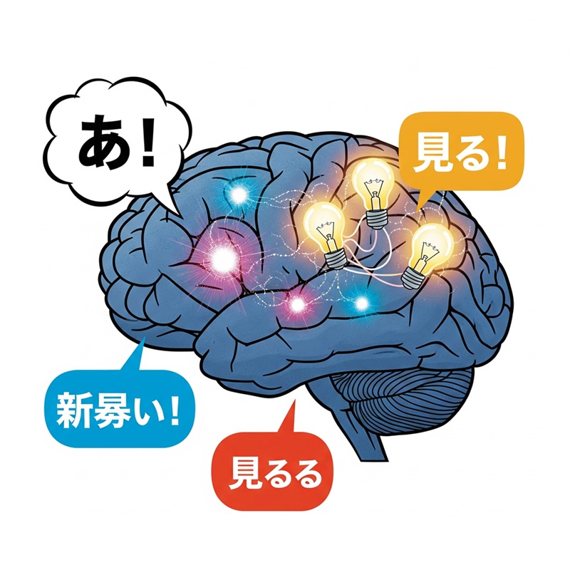 ひっかけ問題によって脳が活性化し、新しい思考回路が生まれる様子を表すイラスト