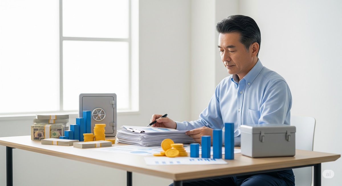 資産配分を見直す50代の男性。デスクにはグラフや書類、現金とコインが並び、冷静に計画を立てている様子