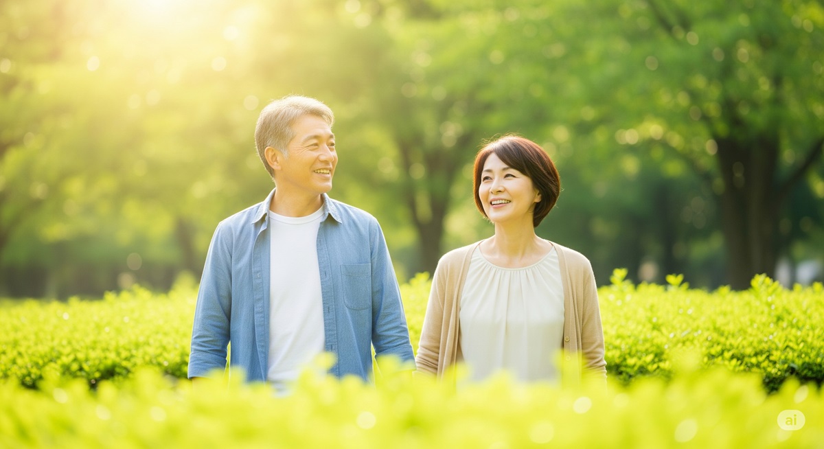 朝の光を浴びながら公園を散歩する、笑顔の50代夫婦。自然の中で穏やかに前向きな時間を過ごす様子