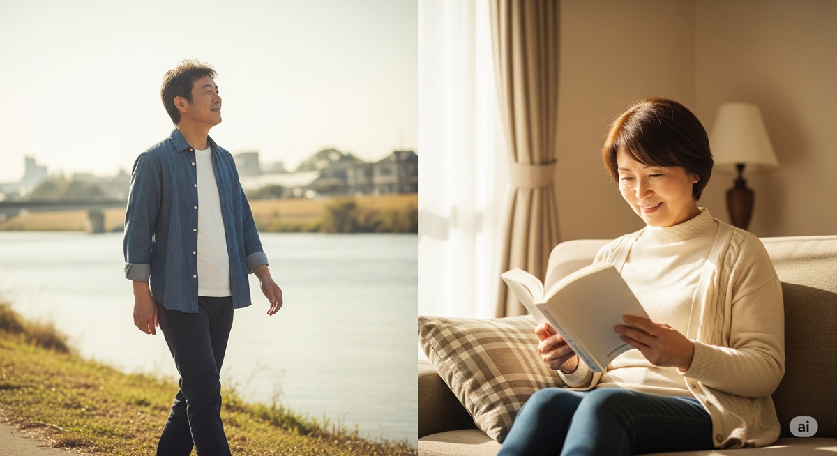 50代の男女が一人で読書や散歩を楽しむ様子。心地よい距離感と自分の時間を象徴するイメージ。