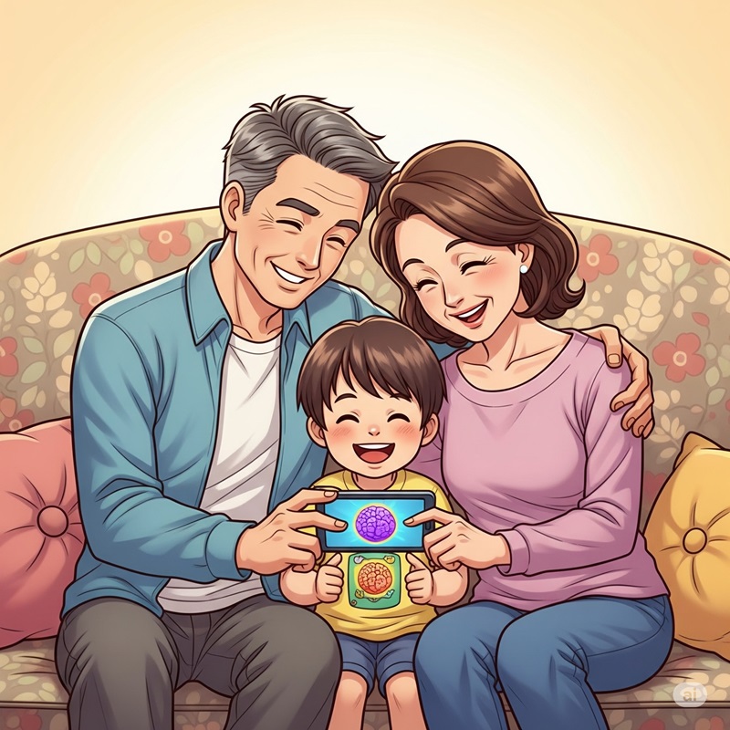 50代前半の夫婦と子供が、スマホで脳トレゲームをしながら楽しそうに笑っているイラスト