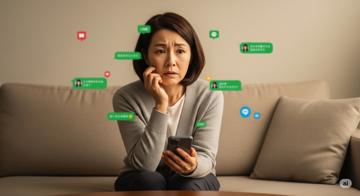 50代の女性がLINE通知に囲まれ、不安そうにスマホを見る様子。人付き合いのプレッシャーを表現。