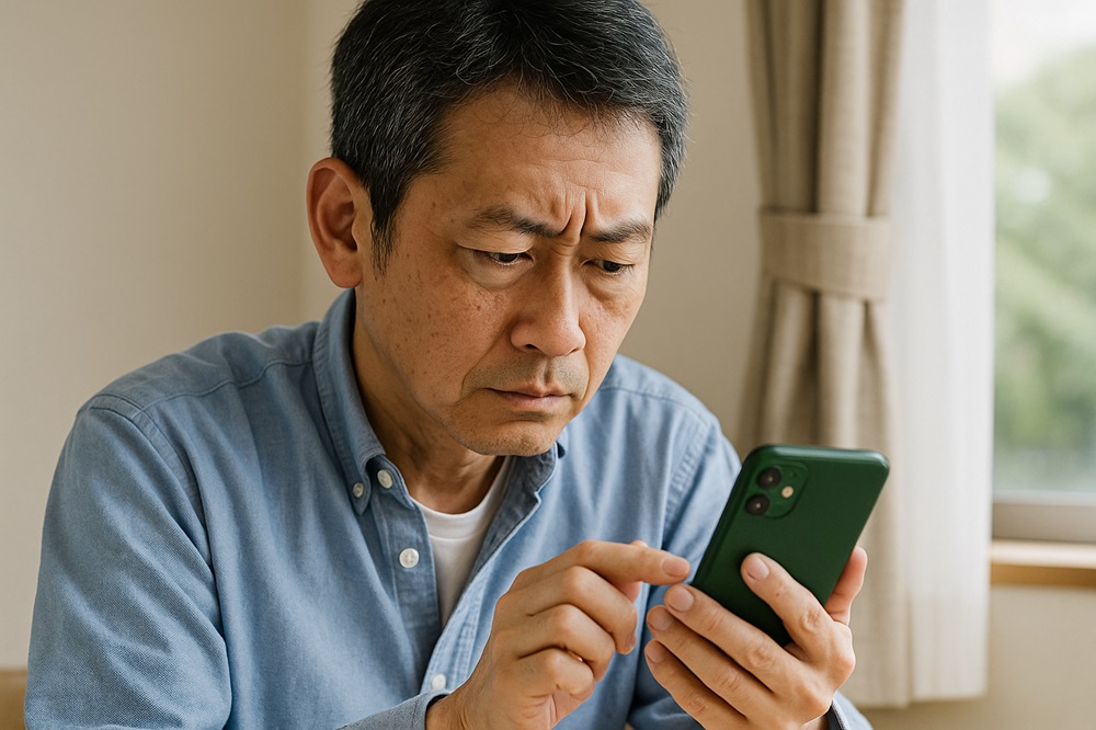 50代の日本人男性がソリティアをプレイしながら集中した表情を見せている様子。ゲームに没頭する姿がリアルに伝わる場面。