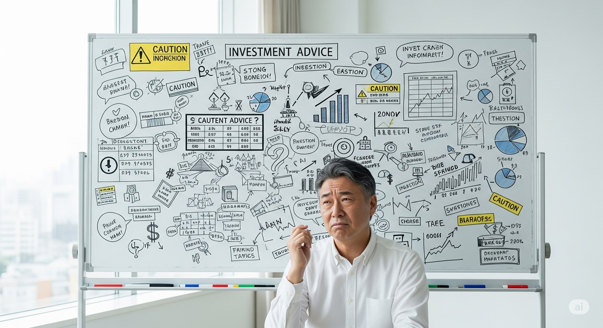 ホワイトボードいっぱいに描かれた投資アドバイスを前に、困惑した表情を浮かべる50代の男性