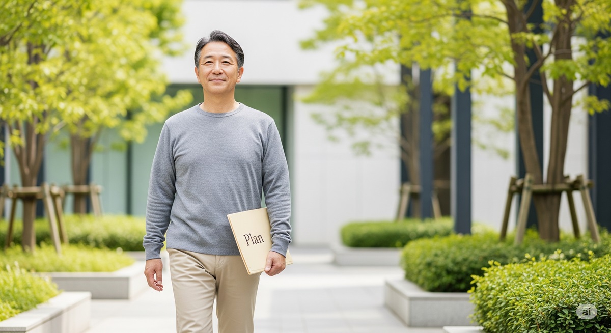 資産計画フォルダーを手に、穏やかな表情で歩く50代の男性。緑に囲まれた現代的な建物の前で安心感を表現