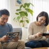 リビングのソファで笑顔でそれぞれタブレットと携帯ゲーム機を楽しむ50代の日本人男性と女性。