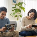 リビングのソファで笑顔でそれぞれタブレットと携帯ゲーム機を楽しむ50代の日本人男性と女性。