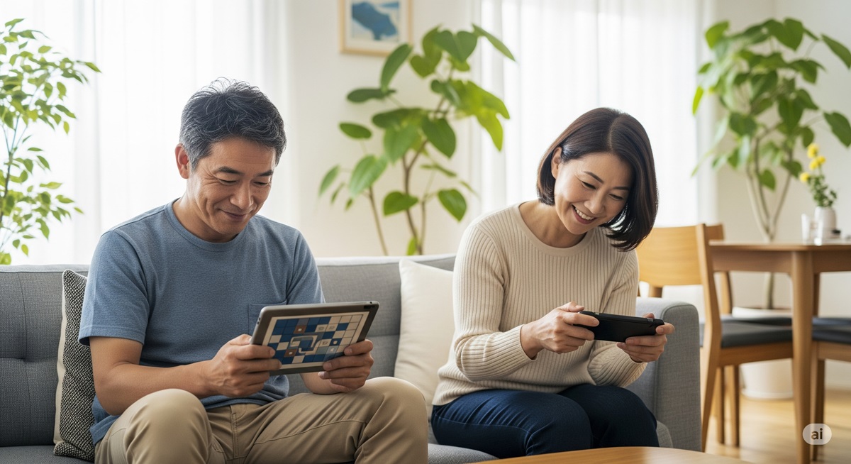 リビングのソファで笑顔でそれぞれタブレットと携帯ゲーム機を楽しむ50代の日本人男性と女性。