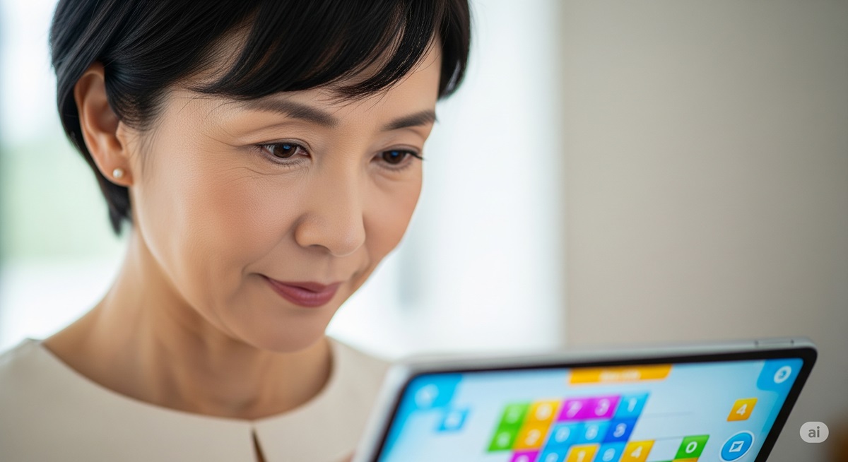 タブレットの脳トレパズルゲームに集中した表情で取り組む50代の日本人女性のクローズアップ写真。