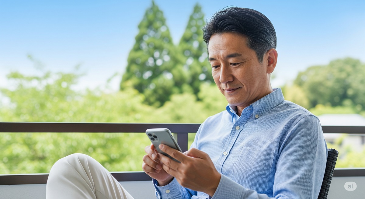 自宅のバルコニーでリラックスした表情でスマートフォンを操作し、風景を楽しんでいる50代の日本人男性の写真。