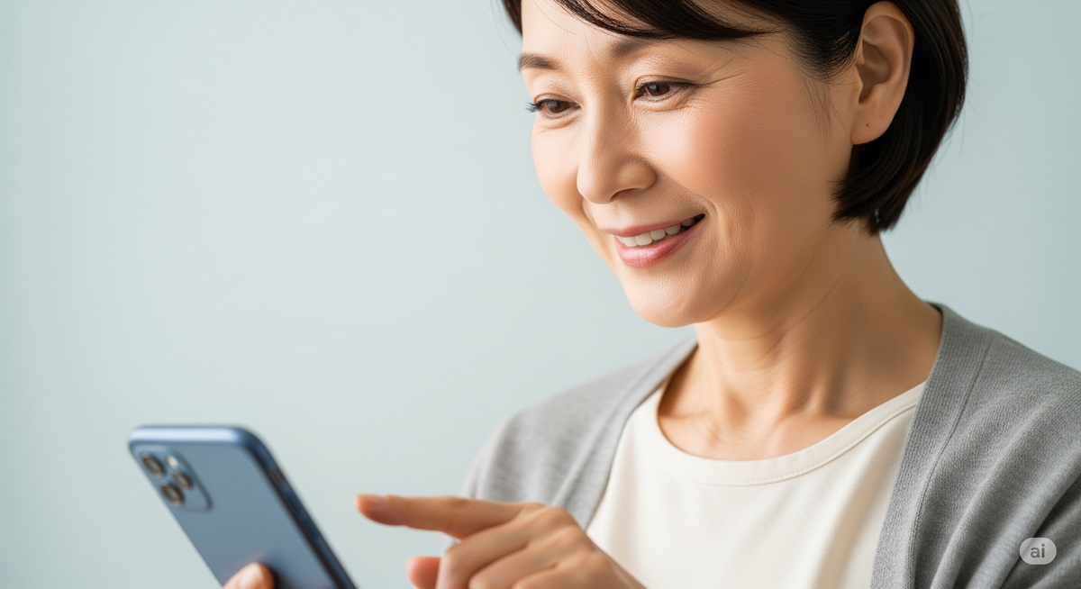 笑顔でスマートフォンの画面を指でタップしている50代の日本人女性の手のクローズアップ写真。