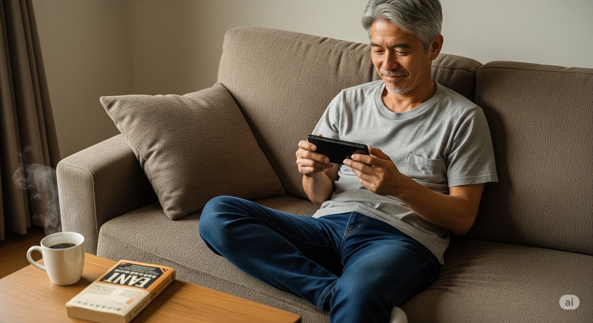 ソファでくつろぎながら携帯ゲーム機を短時間プレイしている50代の日本人男性の様子を捉えた写真。