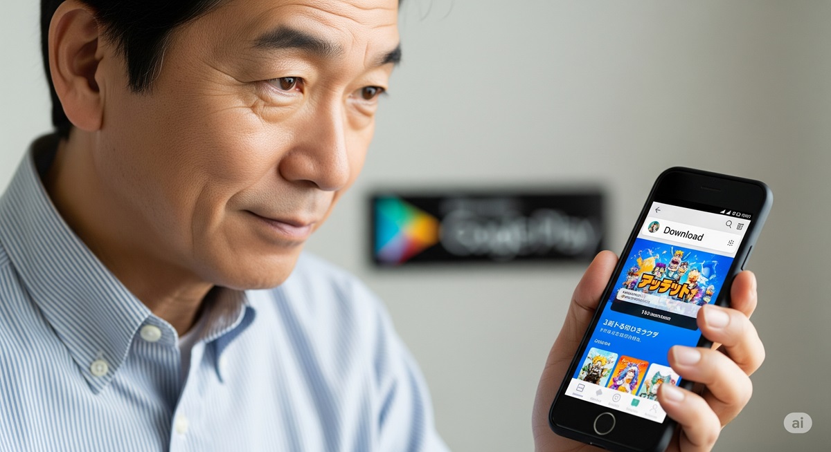 スマートフォンの無料ゲームアプリのダウンロード画面を見ている50代の日本人男性の手のクローズアップ写真。背景にはApp StoreやGoogle Playのアイコンがぼんやりと見える 。