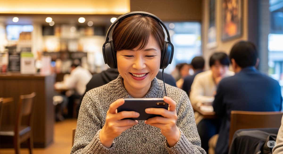 カフェで笑顔でスマホゲームを楽しんでいる50代の日本人女性の写真。イヤホンをして、リラックスした様子 。