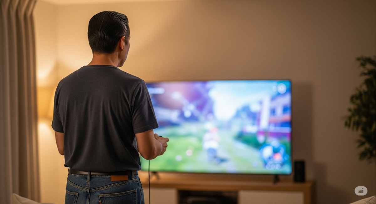 自宅のリビングでテレビ画面に向かい、ゲームコントローラーを握っている50代の日本人男性の後ろ姿の写真 。