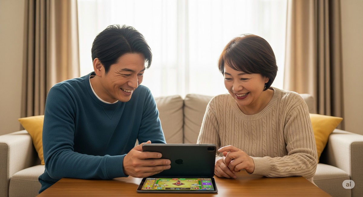 リビングのテーブルでデジタルボードゲームを楽しんでいる50代の日本人男女の写真 。