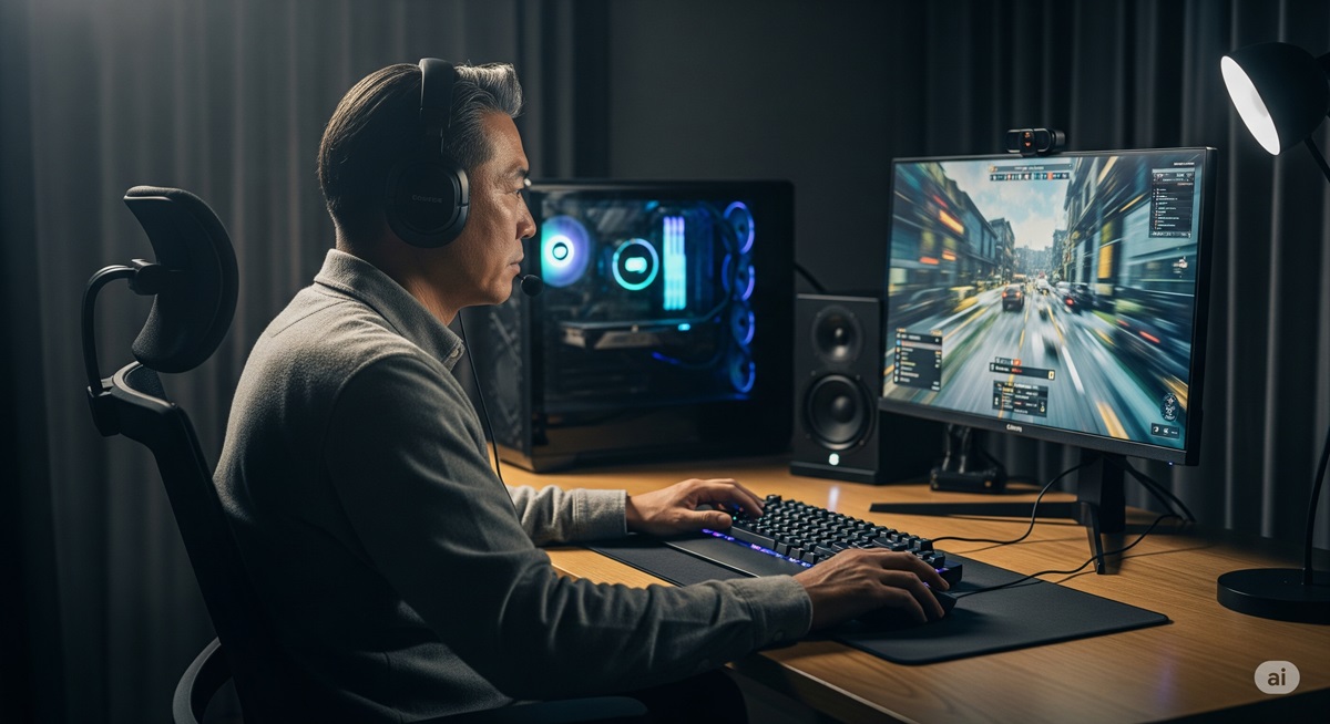 自宅の書斎でヘッドセットを装着し、PCゲームに熱中している50代の日本人男性の写真 。