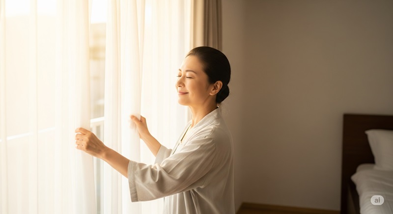 朝の光を浴びながらカーテンを開ける50代女性。自然な笑顔で一日の始まりを穏やかに迎えている様子
