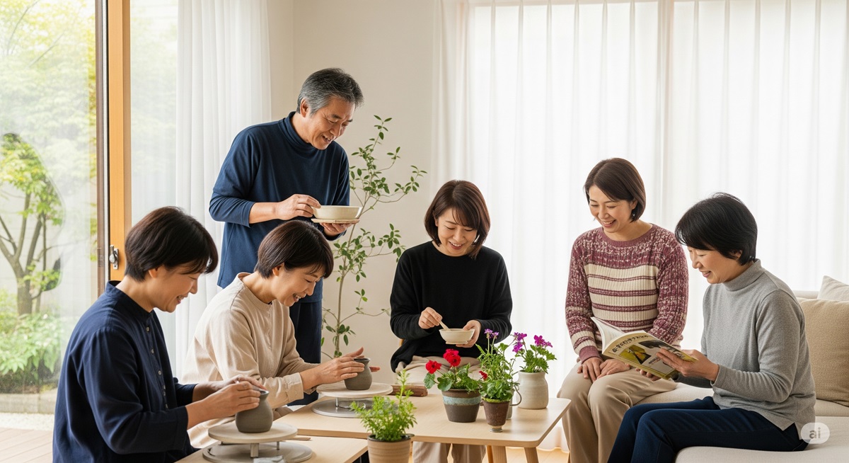 50代の男女が室内で陶芸や読書を楽しむ様子。趣味を通じた自然な人間関係の築き方を表現。