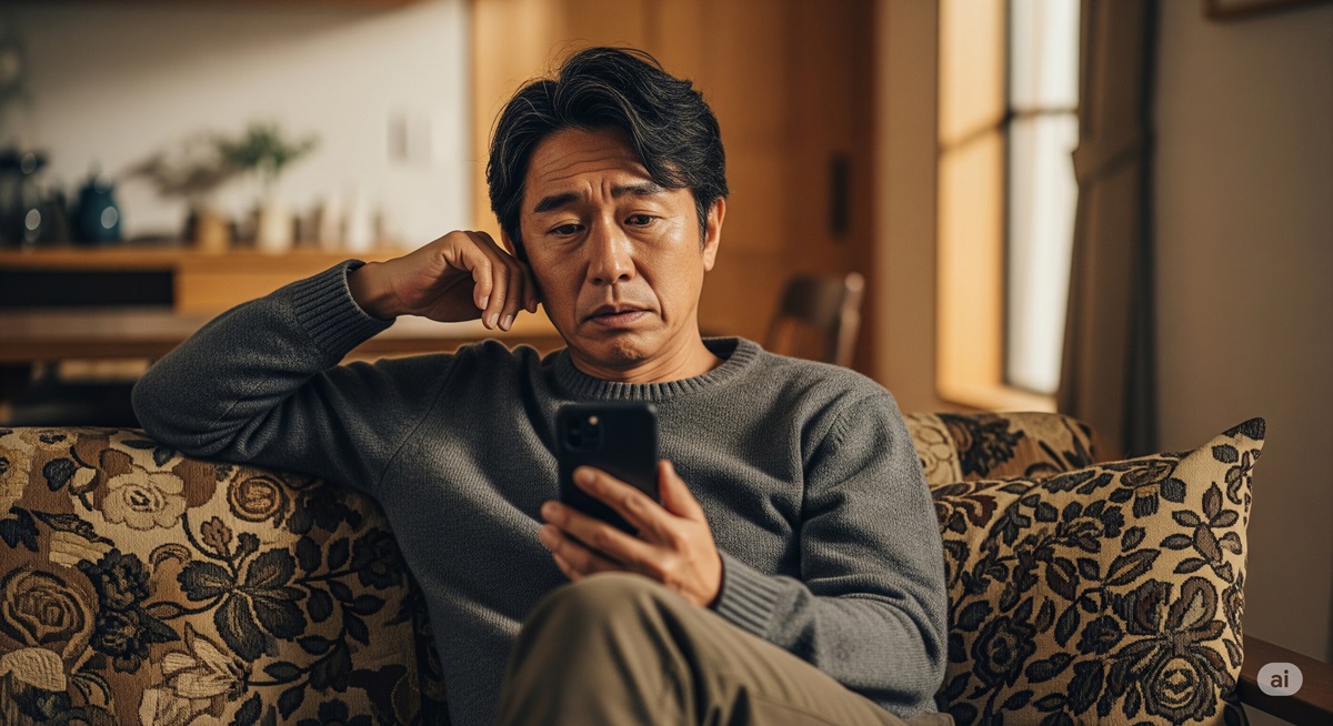 50代の男性がスマホを見ながら悩む様子。無理をしない人付き合いの難しさを示す場面。
