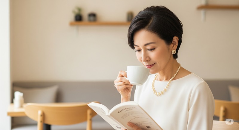 カフェで本を読みながらコーヒーを楽しむ50代女性。静かな時間を味わいながら、心を整えるひととき